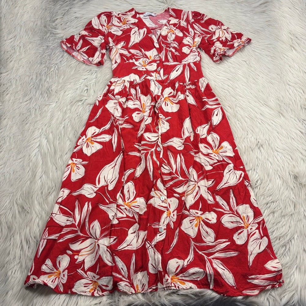 Reserved Women's XS‎ Red Floral V-Neck Button Front Midi Dress Feminine Twee